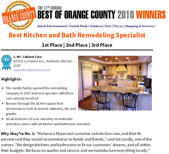 Mr. Cabinet Care Voted #1 Kitchen Remodeling Specialist in Orange County